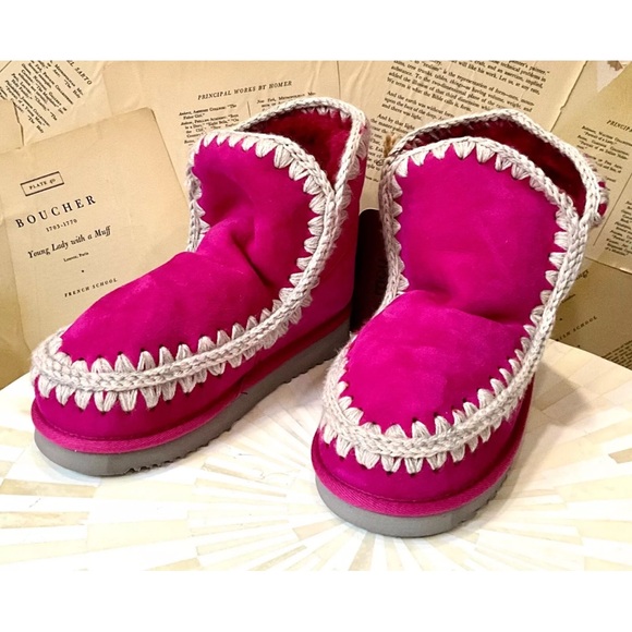 Free People MOU Glacier Shearling Ankle Boots Pink Tan Stitched Fur Lined - Picture 6 of 9